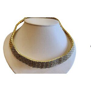 Vintage Designer Quality Textured Gold Plated Pave Rhinestone Hinged Necklace